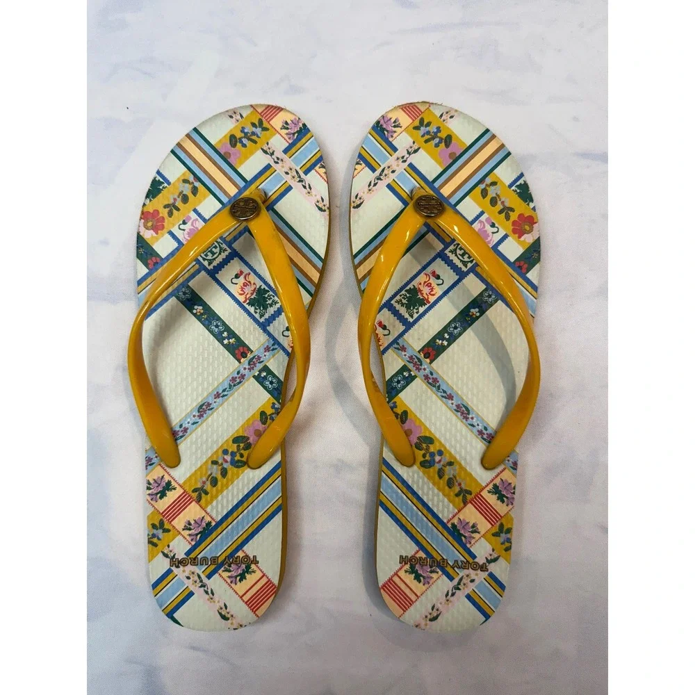 TORY BURCH Womens 9 Yellow Gold Crest Ribbon Weave Flip Flop Thong Sandals Bin1